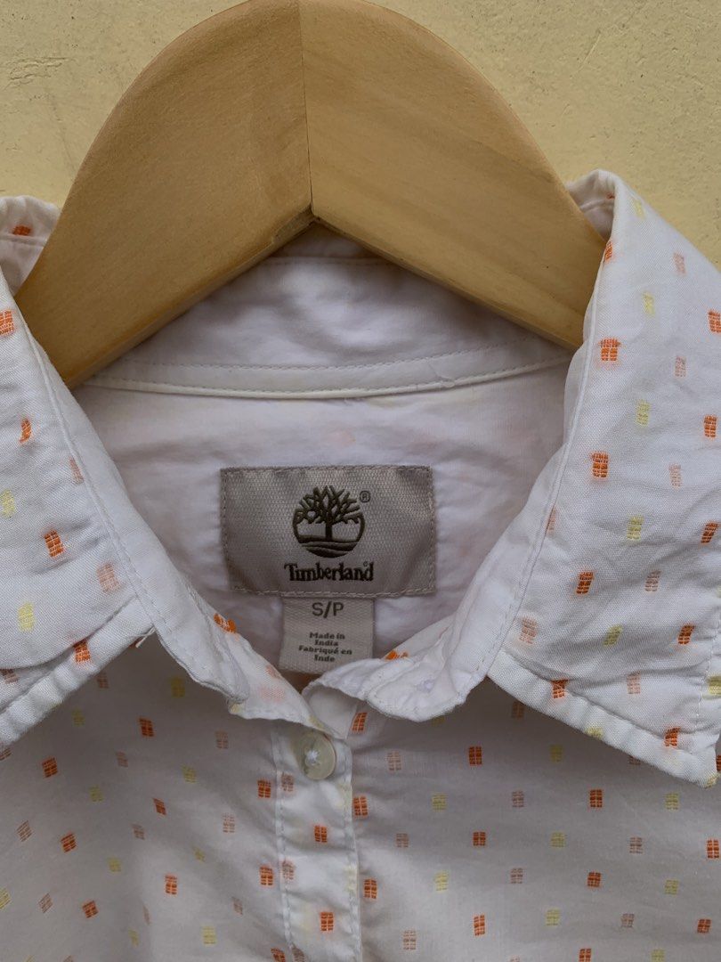 Timberland Polka Dot Shirt - Size S/P (Category: Tshirts & Polo Shirts ) located in Davao. Submitted by psg_ninyo (Listing ID 1435872485, Image 2). Description: - White Timberland shirt - Polka dot pattern - Size: S/P - Long sleeves - Button-down front - Material: Polyester/Cotton blend - Classic collar Dimes 19 width 24 length Excellent Condition.