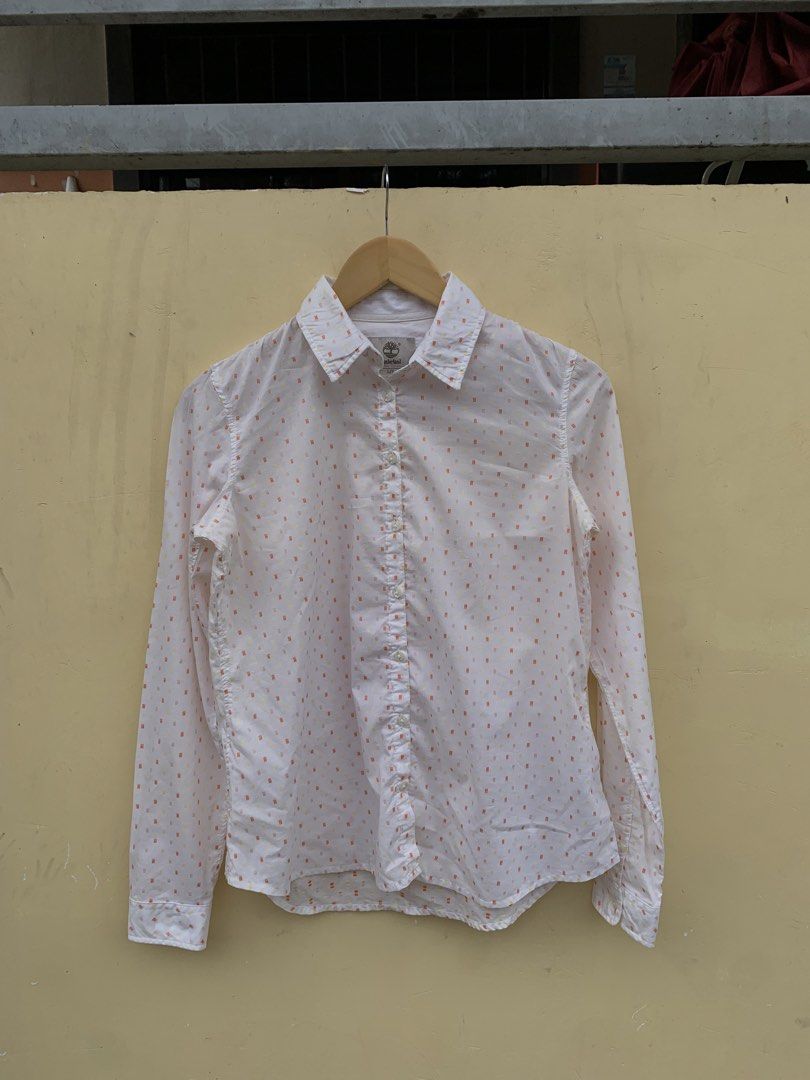Timberland Polka Dot Shirt - Size S/P (Category: Tshirts & Polo Shirts ) located in Davao. Submitted by psg_ninyo (Listing ID 1435872485, Image 1). Description: - White Timberland shirt - Polka dot pattern - Size: S/P - Long sleeves - Button-down front - Material: Polyester/Cotton blend - Classic collar Dimes 19 width 24 length Excellent Condition.