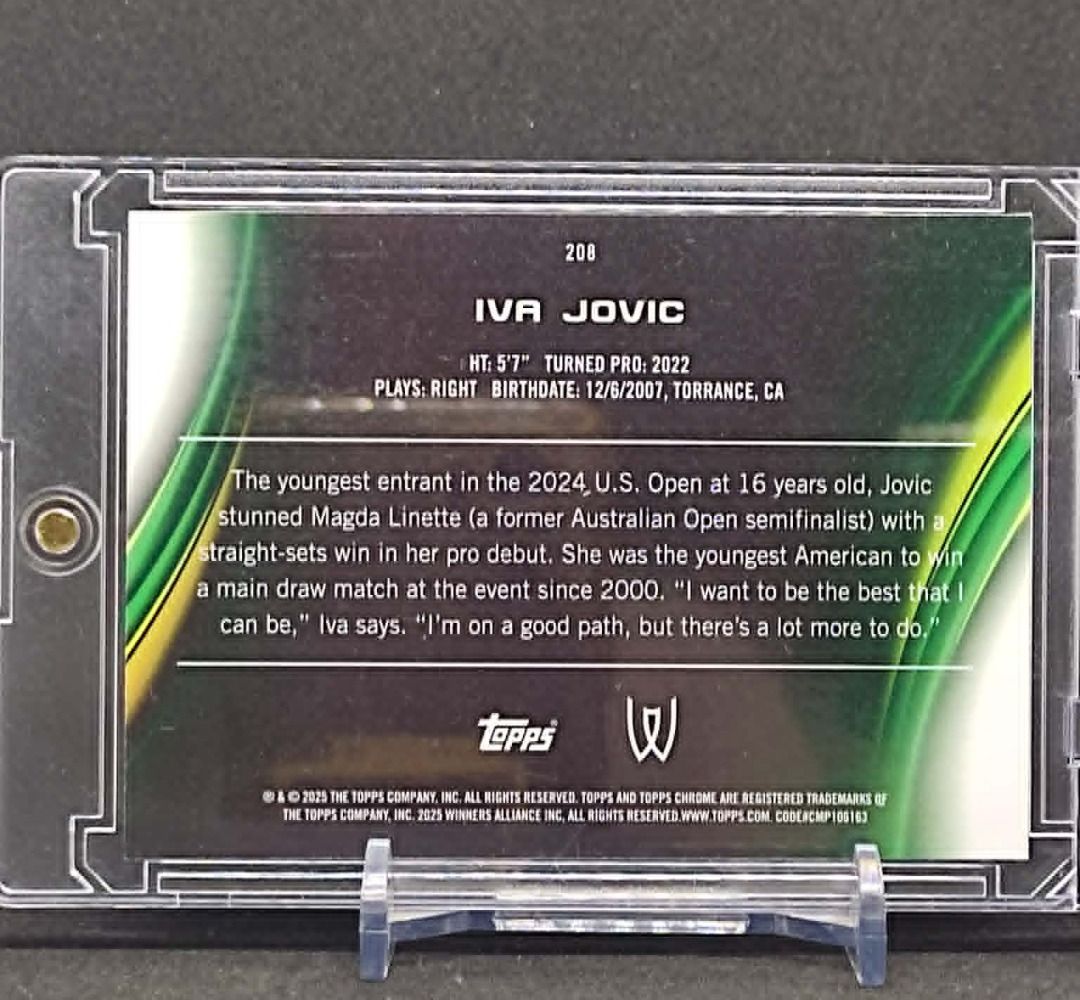 Topps Chrome Iva Jovic Sapphire Rookie Card (Category: Fan Merchandise) located in Santa Rosa. Submitted by gyjones (Listing ID 1435863647, Image 2). Description: 2025 Topps Chrome Iva Jovic Rookie Card (RC) Sapphire P1500 *comes in magnetic case Gcash Flash Express Delivery, add P70.