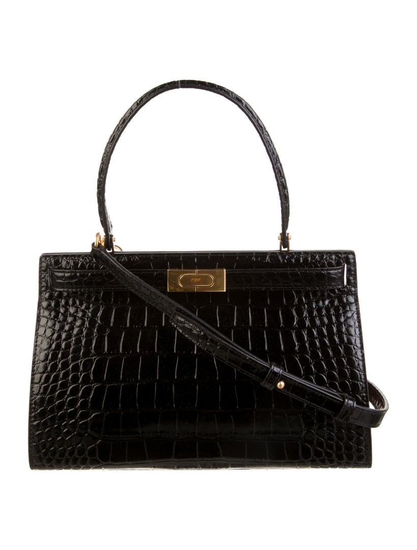 Tory Burch Lee Radziwill Small Bag (Category: Luxury Bags & Wallets) located in Mandaluyong City. Submitted by xcessxpress (Listing ID 1435735979, Image 2). Description: Tory Burch Lee Radziwill Small bag - Black, crocodile-embossed leather - Top handle and detachable shoulder strap Used once only and in brand new condition - Gold-tone hardware - Includes dust bag and key charm.