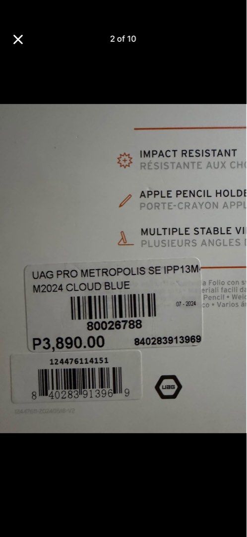 Original UAG Metropolis SE iPad Pro 13" Case - Cloud Blue (Category: Cases & Sleeves) located in Pasay City. Submitted by jmcc04 (Listing ID 1435782317, Image 2). Description: - UAG Metropolis SE case for iPad Pro 13" (Cloud Blue) - Impact-resistant design - Integrated Apple Pencil holder - Multiple viewing angles - Auto wake/sleep folio cover with magnetic closure - Shock-absorbing soft core - Easy-to-clean materials - Original price: P3,890.00 
