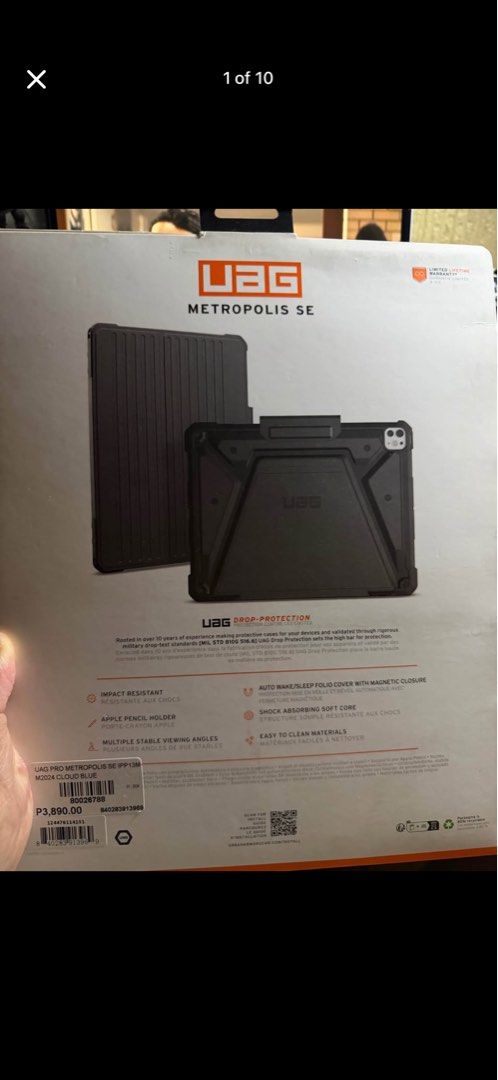 Original UAG Metropolis SE iPad Pro 13" Case - Cloud Blue (Category: Cases & Sleeves) located in Pasay City. Submitted by jmcc04 (Listing ID 1435782317, Image 1). Description: - UAG Metropolis SE case for iPad Pro 13" (Cloud Blue) - Impact-resistant design - Integrated Apple Pencil holder - Multiple viewing angles - Auto wake/sleep folio cover with magnetic closure - Shock-absorbing soft core - Easy-to-clean materials - Original price: P3,890.00 