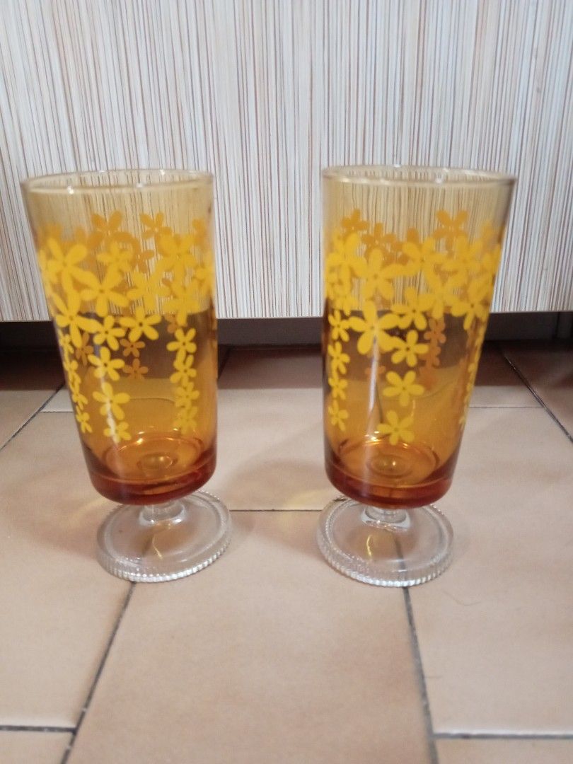 Vintage Amber Floral Drinking Glasses - Set of 2