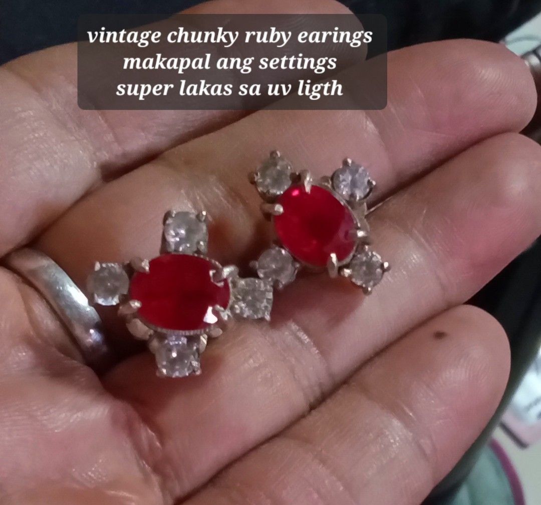 Vintage Chunky Ruby Earrings (Category: Earrings) located in Quezon City. Submitted by goldenstorm.a84bb9 (Listing ID 1435783218, Image 1). Description: - Vintage ruby earrings - Chunky ruby stones - Thick and sturdy settings - Strong UV light reaction - Classic and elegant design.