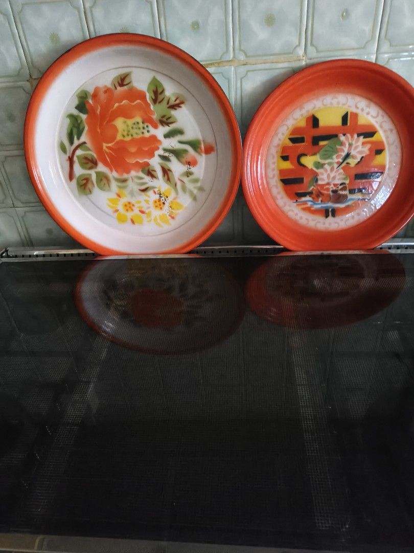 Vintage Enamel Plates with Floral Design