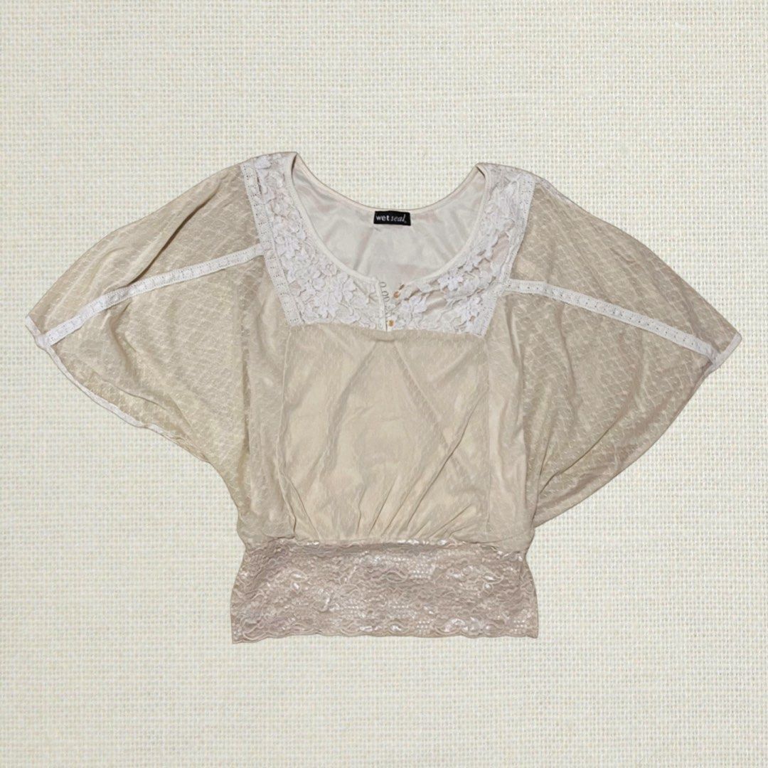 Wet Seal Lace Dolman Blouse (Category: Blouses) located in Taguig. Submitted by lilithryft (Listing ID 1435896960, Image 1). Description: Wet Seal Lace Dolman Blouse ₊୨୧₊ ₱105 ONLY!! size: m • missing one button, but not noticeable.