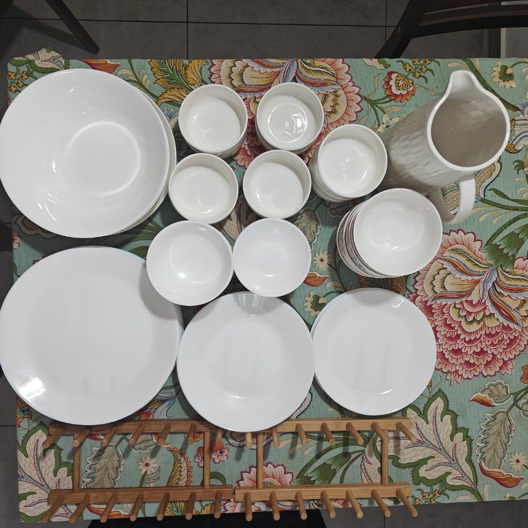 White Dinnerware Set (59 pieces)- Plates, Bowls, Cups, and Pitcher