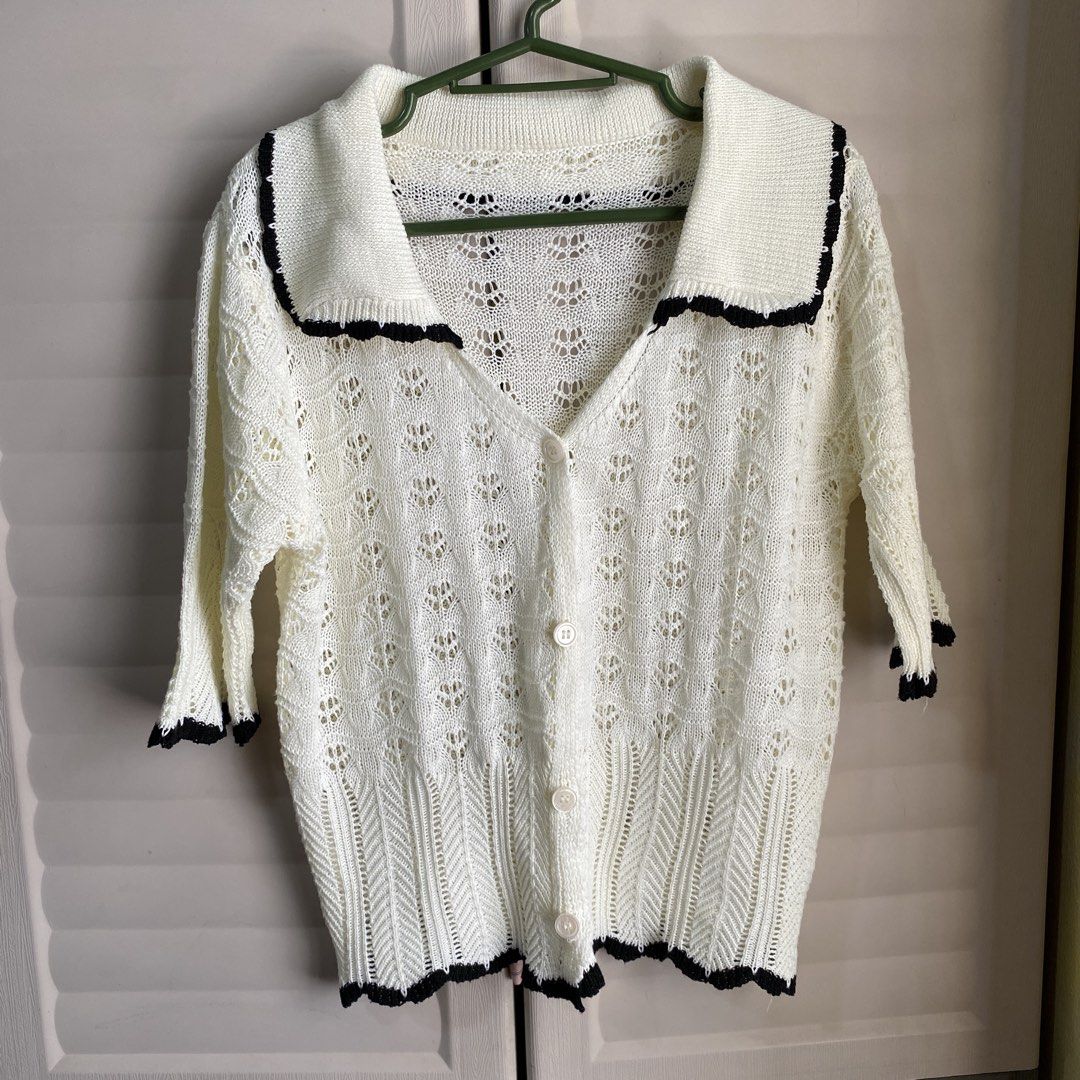 White Knit Cardigan with Black Trim (Category: Others Tops) located in Makati City. Submitted by beaa24 (Listing ID 1435804822, Image 1). Description: Very stretchable. No when worn photo. No issues.