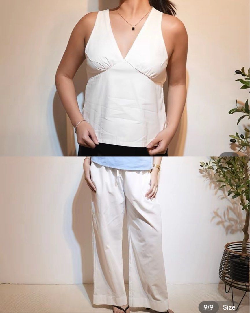 White V-Neck Top and Wide Leg Pants Set (Category: Sets or Coordinates) located in Manila. Submitted by jazzisells (Listing ID 1435731052, Image 1). Description: - white-colored v-neck top and wide-leg linen pants (sold as set!!!) - fitted bodice on top, relaxed fit pants perfect for beach/summer wear - linen fabric - used both only once - bought in tt shop seperately, for 300+ each.