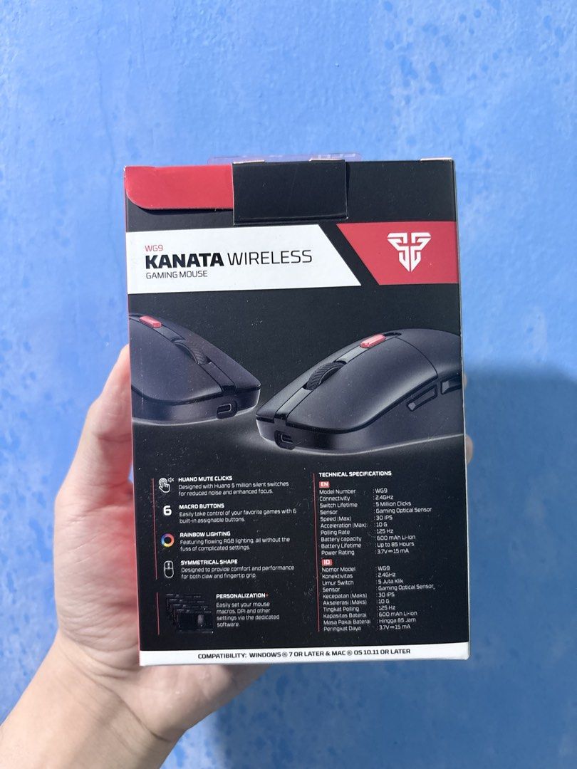 Wireless Mouse (Category: Mouse & Mousepads) located in Labu. Submitted by nolimitauf (Listing ID 1435797943, Image 2). Description: Fantech Kanata Wireless Mouse - Sell because too small for my hand Warranty Card still available Model: WG9 Connectivity: 2.4Ghz Switch lifetime: 5 Millions Clicks Sensor: Gaming Optical Sensor Speed(Max): 30 IPS Acceleration(Max): 10G Polling Rate: 125Hz Battery Capacity: 600mAH Li-ion Battery Lifetime: Up to 85hou
