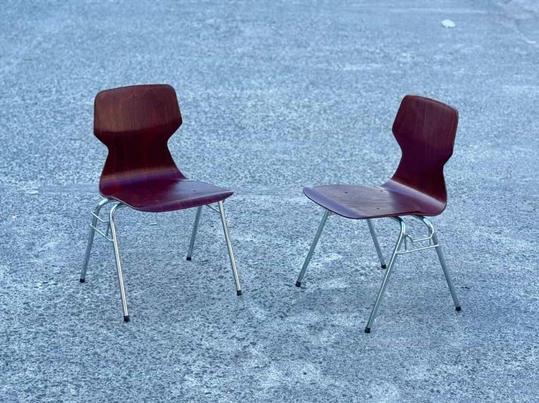 Wooden Chairs with Chrome Legs (Category: Chairs) located in Valenzuela. Submitted by upcycle_things (Listing ID 1435779356, Image 1). Description: - Set of 2 wooden chairs - Unique backrest design - Dark wood finish - Sturdy chrome legs - Well-maintained condition - Suitable for dining, office, or any space.