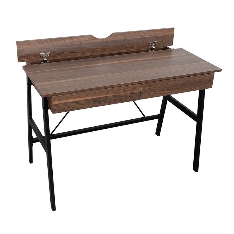 Wooden Desk with Drawers (Category: Tables & Sets) located in Calamba. Submitted by callcay (Listing ID 1435770902, Image 3). Description: - Mandaue Foam Study Desk, with visible scratches in the table due to usage but still sturdy - Sleek wooden desk - Two drawers for storage - Cable management hole - Flip-up section for convenience - Dark wood finish - Black metal legs - Dimensions: W110cm x D55cm x H75cm.