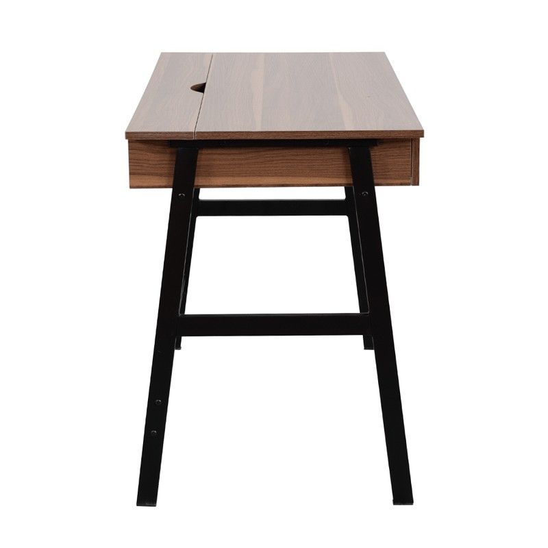 Wooden Desk with Drawers (Category: Tables & Sets) located in Calamba. Submitted by callcay (Listing ID 1435770902, Image 2). Description: - Mandaue Foam Study Desk, with visible scratches in the table due to usage but still sturdy - Sleek wooden desk - Two drawers for storage - Cable management hole - Flip-up section for convenience - Dark wood finish - Black metal legs - Dimensions: W110cm x D55cm x H75cm.