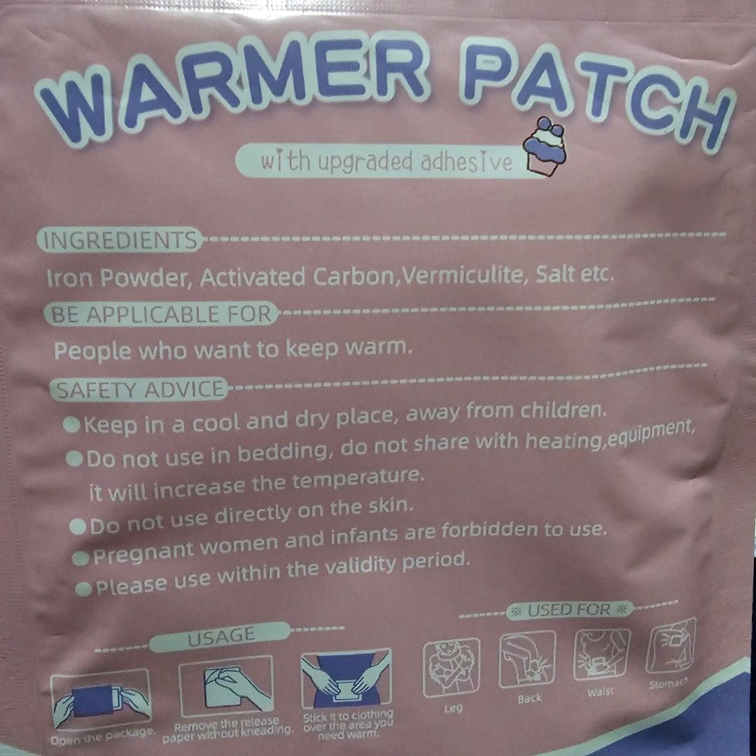 15pcs Warmer Patches - Keep Warm for 10 Hours (Category: Body Care) located in Quezon City. Submitted by reply_1982 (Listing ID 1440762394, Image 3). Description: - Beat the cold: Keep yourself warm during chilly weather. - Long-lasting heat: Enjoy up to 10 hours of warmth per patch. - Natural ingredients: Contains Iron Powder, Activated Carbon, Vermiculite, and Salt. - Easy to use: Simply apply to clothing for instant warmth. - Important safety 
