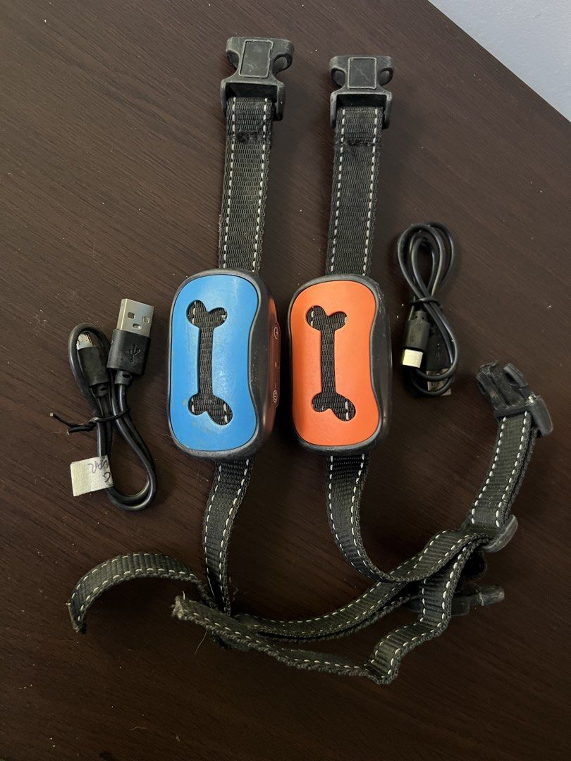 2x Anti Bark Rechargeable Dog Training Collars with USB Charging Cables (Category: Homes & Other Pet Accessories) located in Manila. Submitted by wrkshy (Listing ID 1440815342, Image 1). Description: - Set of 2 rechargeable dog training collars - Colors: 1 Blue, 1 Orange - Features a cute bone design on each collar - Adjustable straps for a comfortable and secure fit - Includes 2 USB charging cables for convenience - Ideal for effective dog train