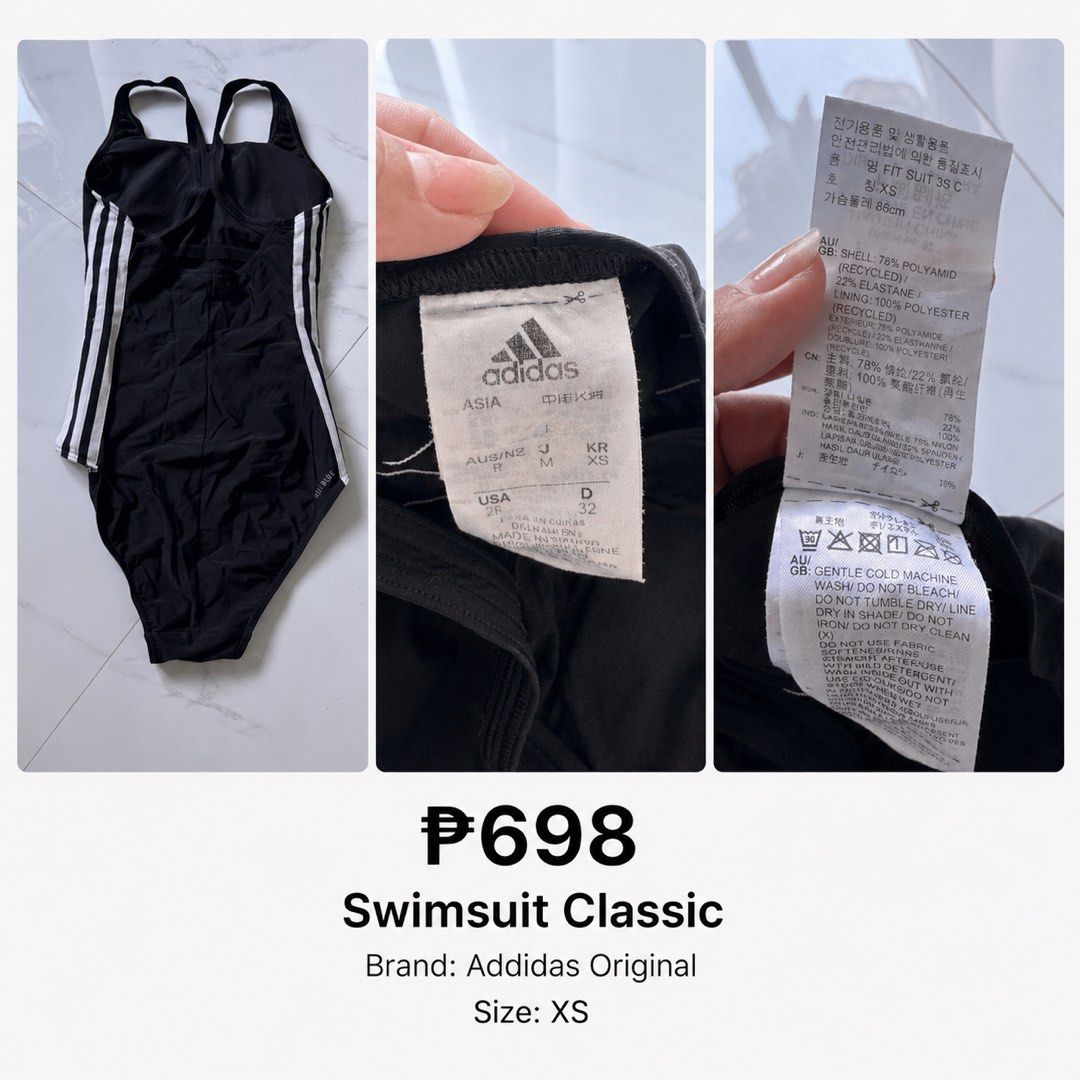 Adidas Classic Black One-Piece Swimsuit (Category: Bikinis & Swimsuits) located in Quezon City. Submitted by poshforward (Listing ID 1440850003, Image 3). Description: - Classic black Adidas one-piece swimsuit - Iconic three stripes on the sides - Cross-back straps for a secure fit - Ideal for swimming or lounging - Size XS.