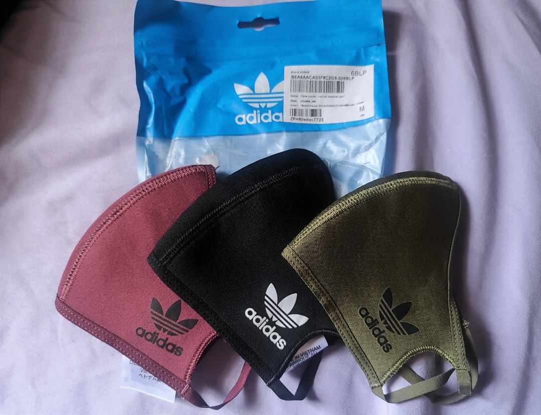 Adidas Face Cover Mask (3 Pack) - Black, Maroon, Olive (Category: Face Care) located in Pasay City. Submitted by greyy_00 (Listing ID 1440867792, Image 1). Description: - Pack of 3 Adidas Face Covers - Colors: Black, Maroon, Olive Green - Size: Medium (M) - Not for medical use - Original packaging included - Ideal for everyday wear original price: Php 900.