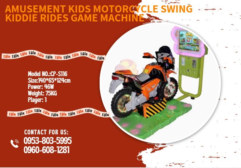 Amusement Kids Motorcycle Swing Kiddie Rides Game Machine (Category: Everything Else Others) located in Caloocan City. Submitted by liezelmonl80299 (Listing ID 1440774577, Image 1). Description: ●Model NO.:CP-S116 ●Size:140*65*124cm ●Power: 46W ●Weight: 75KG ●Player: 1 𝗪𝗘 𝗔𝗥𝗘 𝗢𝗣𝗘𝗡 𝗙𝗥𝗢𝗠 𝗠𝗢𝗡𝗗𝗔𝗬 𝗧𝗢 𝗦𝗔𝗧𝗨𝗥𝗗𝗔𝗬, 9𝗔𝗠 -6𝗣𝗠 𝐅𝐎𝐑 𝐈𝐍𝐐𝐔𝐈𝐑𝐈𝐄𝐒, 𝐂𝐀𝐋𝐋 𝐔𝐒: ☎ 0953-803-5995 ☎ 0960-608-1281 📍𝙇𝙊𝘾𝘼𝙏𝙄𝙊𝙉: Office 