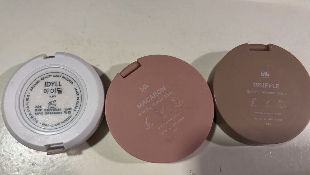 Arcadia and Blk blushes (Category: Makeup) located in San Juan City. Submitted by mmapc (Listing ID 1440759410, Image 2). Description: - Set of 3 blush compacts - Includes: IDYLL Arcadia Beauty Daily Blusher in Dusty Pink and 2 blk blushes (TRUFFLE and MACARON) - clean, good condition - no box - 600 for all.