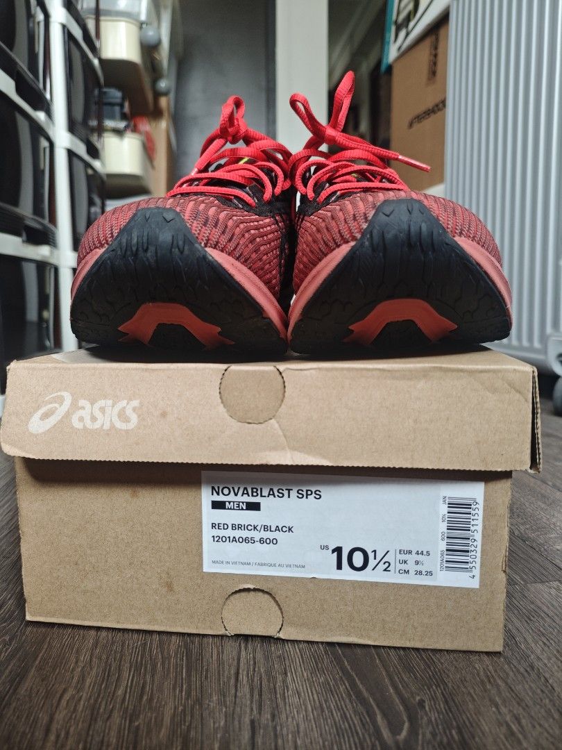 ASICS Novablast SPS Men's Running Shoes Red Brick/Black Size 10.5 (Category: Sneakers) located in Singapore. Submitted by acemalice (Listing ID 1440895285, Image 2). Description: - US 10.5 UK9.5 EUR44.5 28.25CM - Color: Red Brick/Black - Comes with original box - Washed & cleaned for next owner - The ASICS Novablast SPS is a unique shoe designed for urban exploration and modern street style, built on the same energetic platform as the popular Nov