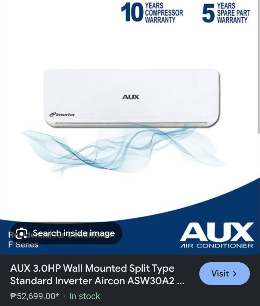 AUX 3.0HP Wall Mounted Split Type Inverter Aircon ASW30A2 (Category: Air Conditioning and Heating) located in Quezon City. Submitted by halukayube (Listing ID 1440797686, Image 1). Description: - AUX 3.0HP Wall-Mounted Split Type Inverter Aircon - Model: ASW30A2 - 10-Year Compressor Warranty - 5-Year Spare Parts Warranty - Unit is in stock and ready for purchase - Efficiently cools your space.