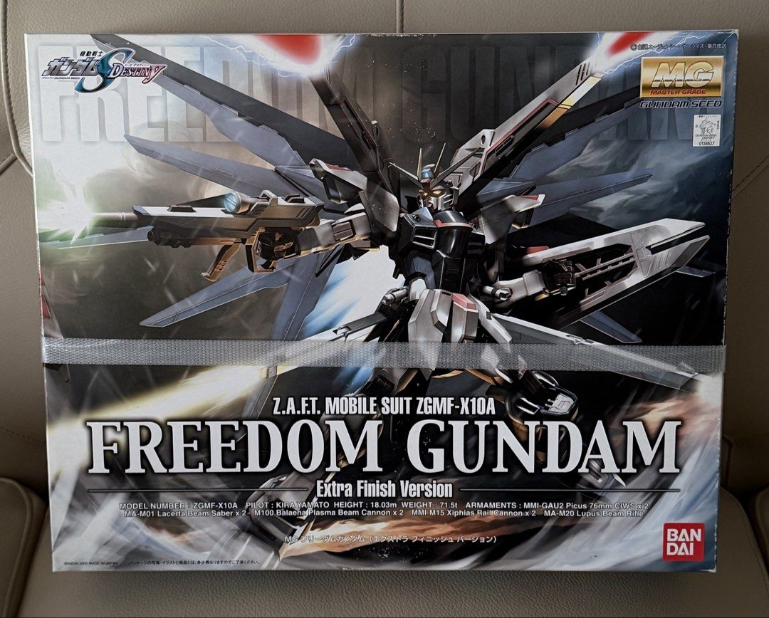Bandai MG Freedom Gundam Extra Finish Version Model Kit (Category: Gundam & Model Kits) located in Manila. Submitted by onethingmore01 (Listing ID 1440914959, Image 1). Description: - Master Grade (MG) Freedom Gundam Model Kit - Extra Finish Version - Model Number: ZGMF-X10A - Pilot: Kira Yamato - Includes: Beam Saber, Beam Cannon, and other armaments - Condition: Brand New, Box is Sealed - Ideal for Gundam enthusiasts and collectors.