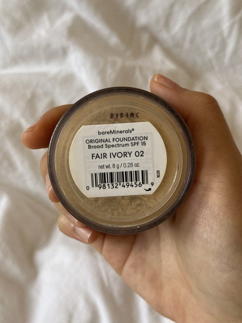 bareMinerals Original Foundation SPF 15 Fair Ivory 02 (Category: Makeup) located in Mabalacat. Submitted by pauwieee12 (Listing ID 1440774378, Image 3). Description: - bareMinerals Original Foundation - Shade: Fair Ivory 02 - Type: Loose Powder Foundation - Sun Protection: Broad Spectrum SPF 15 - Size: 8g / 0.28 oz - Ideal for: Everyday wear - barely used - 90% full - AUTHENTIC from Canada.
