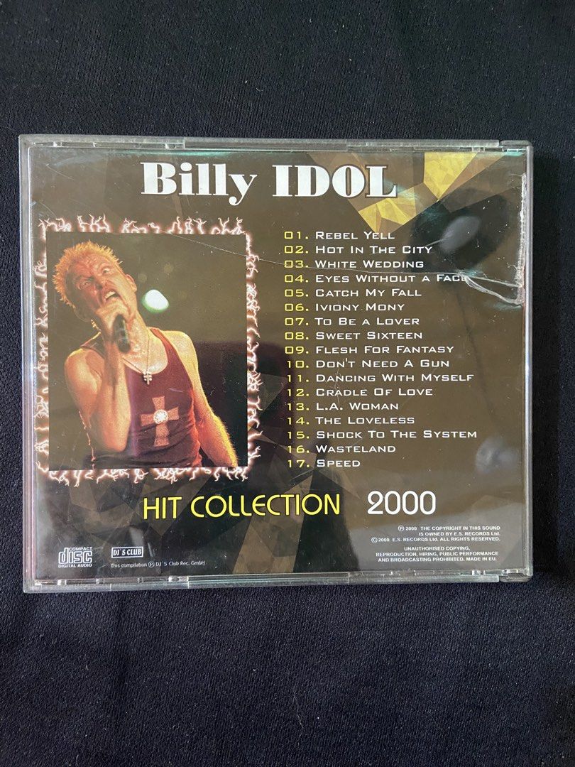 Billy Idol Hit Collection 2000 CD (Category: CDs & DVDs) located in Pasig City. Submitted by jeprocts (Listing ID 1440947985, Image 2). Description: - Billy Idol Hit Collection 2000 CD - Features 17 hit tracks - Includes iconic songs like Rebel Yell, Hot in the City, and White Wedding - A must-have compilation for any Billy Idol fan.