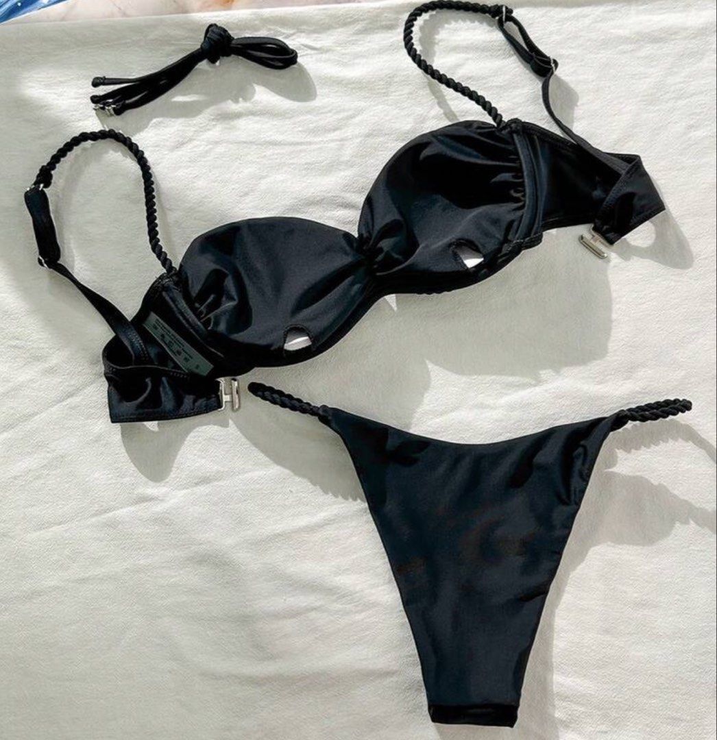 Shein Swimsuit Bikini Set black (Category: Bikinis & Swimsuits) located in Makati City. Submitted by anncruz08 (Listing ID 1440776849, Image 2). Description: - Cute black bikini set - Braided rope straps and ties - Matching rope details on the sides of the bottoms - Perfect for beach or pool days - Brand new .