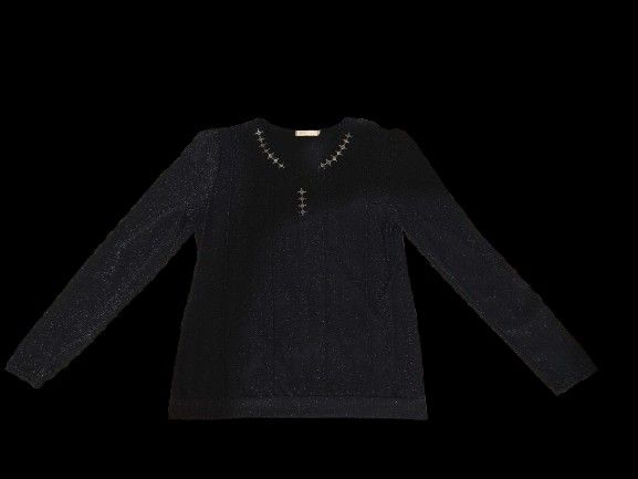 Black Sparkly Long Sleeve V-Neck Sweater (Category: Longsleeves) located in Quezon City. Submitted by acxsty (Listing ID 1440929579, Image 1). Description: - Black long sleeve sweater - Woven with sparkly thread for a touch of glamour - Flattering V-neckline - Decorative stitching detail on neckline and front - Perfect for dressing up or down - Comfortable and stylish.