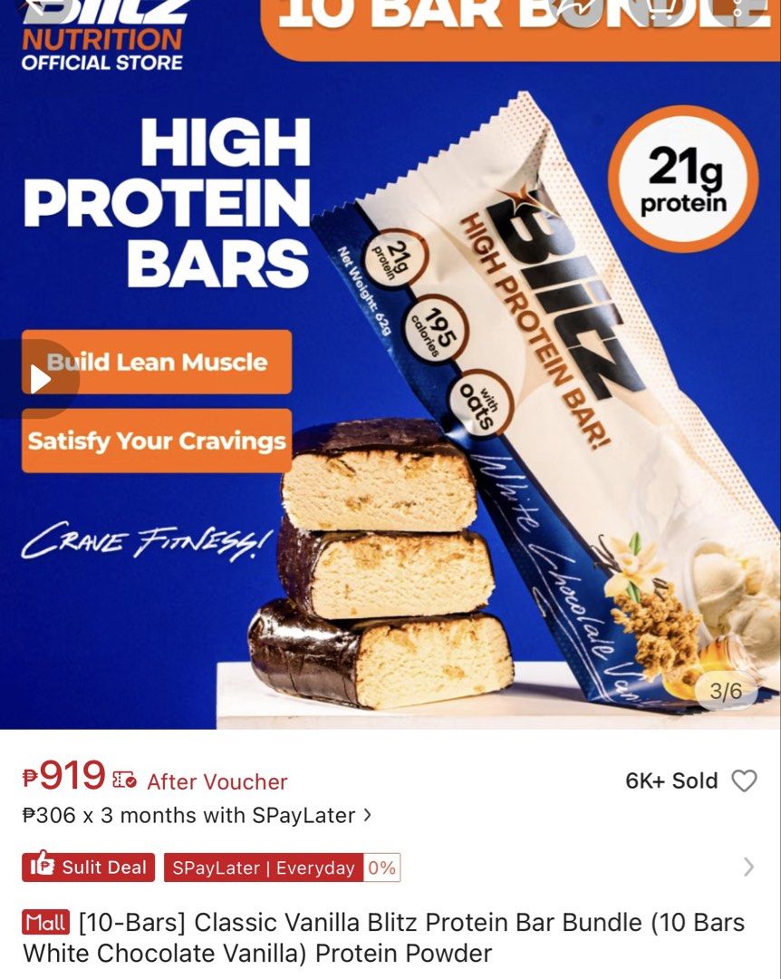 Blitz Nutrition High Protein Bars - Classic Vanilla (10 Bars) (Category: Sports & Fitness Nutrition) located in Makati City. Submitted by ysabelkgsk (Listing ID 1440812069, Image 2). Description: - Blitz Nutrition High Protein Bars - BOX includes 10 Classic Vanilla flavored bars - Each bar: 21g protein, 195 calories - Ideal for lean muscle building - Satisfies cravings.