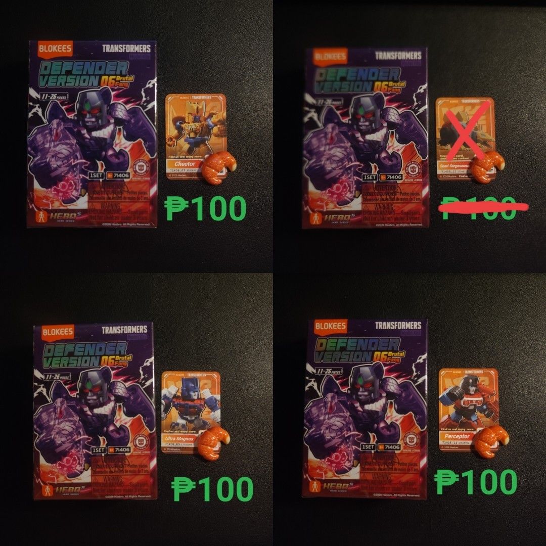 BLOKEES TRANSFORMERS Rush SALE and TRADE (Category: Action & Battle Toys) located in Quezon City. Submitted by jordalandan (Listing ID 1440826185, Image 3). Description: ALL UNSCANNED and SEALED Condition - Whole Set ✅: 1400 (negotiable) - Break set ✅: Prices listed sa Pics - Trade/Swap ✅: Ratchet Robot & Vehicle mode, Cliffjumper, Golden Disk - Rodimus Prime - Rodimus Prime Vehicle - SG Megatron - Brilliant Hound - Rumble - Scourge - SG Rodimus 