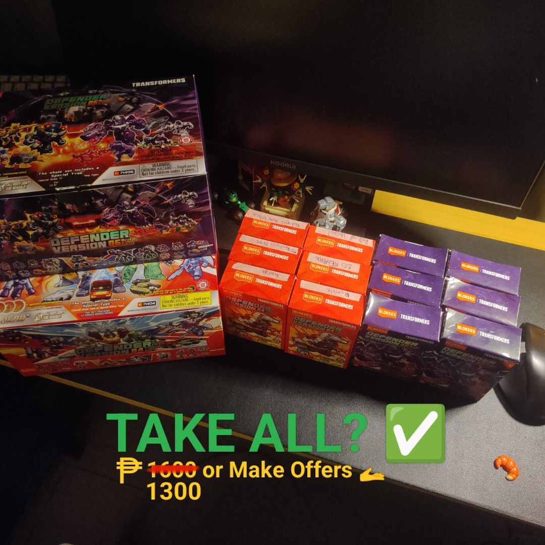 BLOKEES TRANSFORMERS Rush SALE and TRADE (Category: Action & Battle Toys) located in Quezon City. Submitted by jordalandan (Listing ID 1440826185, Image 1). Description: ALL UNSCANNED and SEALED Condition - Whole Set ✅: 1400 (negotiable) - Break set ✅: Prices listed sa Pics - Trade/Swap ✅: Ratchet Robot & Vehicle mode, Cliffjumper, Golden Disk - Rodimus Prime - Rodimus Prime Vehicle - SG Megatron - Brilliant Hound - Rumble - Scourge - SG Rodimus 