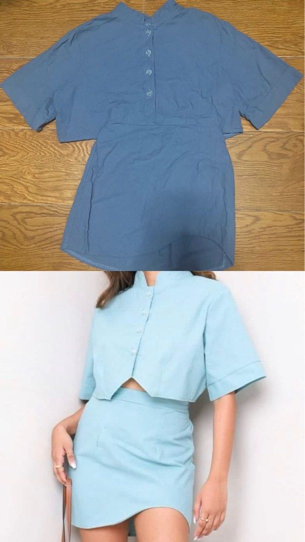 Blue Crop Top and Skirt Set (Category: Sets or Coordinates) located in Manila. Submitted by kler_bear. (Listing ID 1440907783, Image 3). Description: - Linen material - Includes a cropped short-sleeve top with mandarin collar and button-up front - Comes with a matching mini skirt.