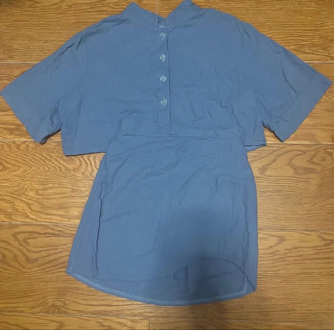 Blue Crop Top and Skirt Set (Category: Sets or Coordinates) located in Manila. Submitted by kler_bear. (Listing ID 1440907783, Image 1). Description: - Linen material - Includes a cropped short-sleeve top with mandarin collar and button-up front - Comes with a matching mini skirt.
