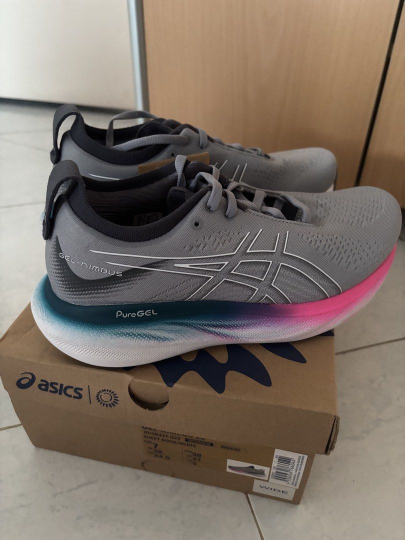 ASICS Gel Nimbus 25 ($110) & 26 ($140) Women US7 Wide Running Shoes (New with Box and Tag) (Category: Sneakers) located in Singapore. Submitted by happyfalcon (Listing ID 1440900101, Image 1). Description: Brand new ASICS Gel-Nimbus running shoes with original box and tags – premium cushioned series, perfect for walking, jogging & long-distance comfort. ✔ 100% authentic ✔ Brand new with original box & tag ✔ Wide fit (D) – more comfortable for wid