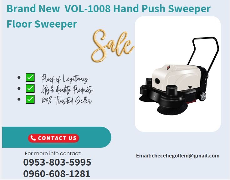 Brand New VOL-1008 Hand Push Sweeper Floor Sweeper (Category: Everything Else Others) located in Caloocan City. Submitted by michealaus73574 (Listing ID 1440860079, Image 1). Description: ●Product Size: 1200*1050*950MM ●Main Brush Width: 500MM ●Width Of Side Brush: 350MM ●Sweeping Width: 1050MM ●Dust Tank Capacity:35 ●Machine Weight: 88KG ●Battery Capacity: 12/52 v/ah ●Brush Motor: 95 ●Working Time: 2-3 ●Travel Speed: 0-8 km/h ●Air Filter: / .