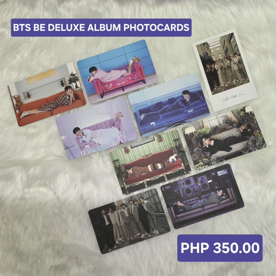 BTS BE DELUXE ALBUM PHOTOCARDS (Category: K-Wave Merchandise) located in Taguig. Submitted by kate_min (Listing ID 1440829412, Image 1). Description: BTS BE DELUXE ALBUM PHOTOCARDS ✅️ mint condition 🏷 PHP 200.00 each set (9 photocards) ‼️ PAY AS YOU ORDER. NO RESERVATION. MOP: Maribank or GCASH only. MOD: Pick up here at Upper Azucena, Pembo or LBC c/o buyer.