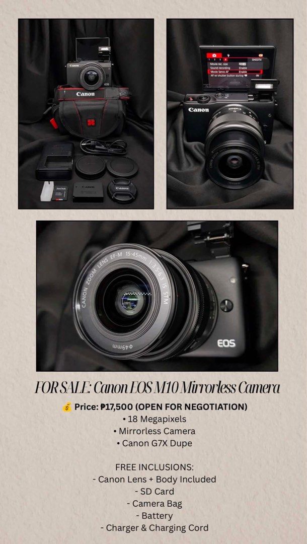 Canon EOS M10 Mirrorless Camera with Lens (Category: Cameras) located in Manila. Submitted by rowilicius (Listing ID 1440769924, Image 1). Description: - Canon EOS M10 Mirrorless Camera - 18 Megapixels - Includes Canon EF-M 15-45mm Lens - Comes with SD Card, Camera Bag, Battery, and Charger - Ideal for beginners and compact camera users - Price is negotiable -Can do meet up around Manila.