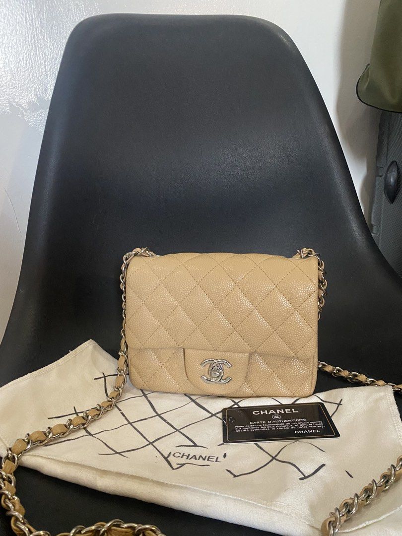 Chanel Classic Mini Square Beige Caviar Leather (Category: Luxury Bags & Wallets) located in Las Pinas. Submitted by harper_preloved (Listing ID 1440892581, Image 2). Description: - Japan flea market finds - Authentic Chanel Bag - Color: Beige - Material: Caviar Leather - Hardware: Silver - Style: Classic Flap - Includes: Authenticity Card & Dust Bag - Perfect for Day or Night Use.
