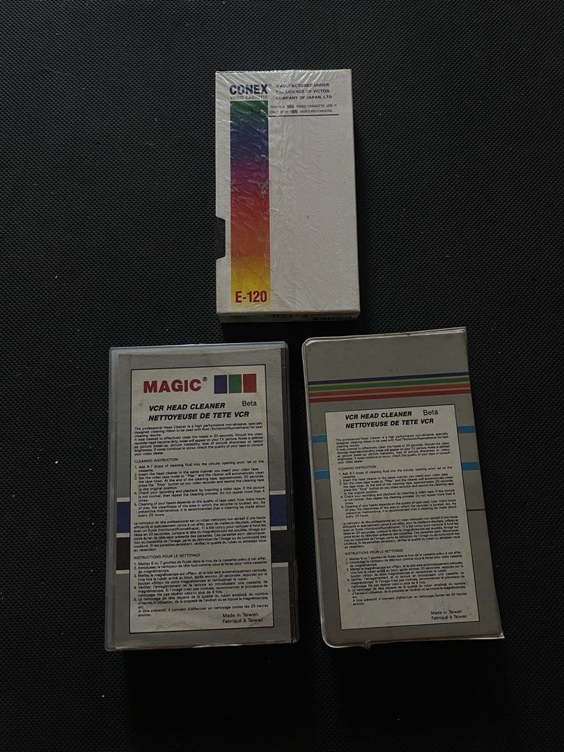 CONEX E-120 VHS Tape & MAGIC Beta VCR Head Cleaners (Category: CDs & DVDs) located in Manila. Submitted by elsy_disco (Listing ID 1440933902, Image 2). Description: - CONEX E-120 VHS video cassette - MAGIC Beta VCR head cleaner tape (Extra High Grade, Wet Type) - MAGIC Beta VCR head cleaner tape (New, Wet Type) - All items are in their original packaging - Perfect for VCR maintenance and upkeep - Sold as set.