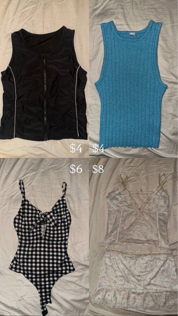 Crop tops (Category: Sleeveless) located in Singapore. Submitted by lovepizza (Listing ID 1440863684, Image 1). Description: - Black sleeveless crop top with zip-front and white piping (Size S) - Blue textured knit tank top (Size S) - Black and white gingham bodysuit with tie-front detail (Size S) - White floral print cami top and skirt set with lace trim (Size S).