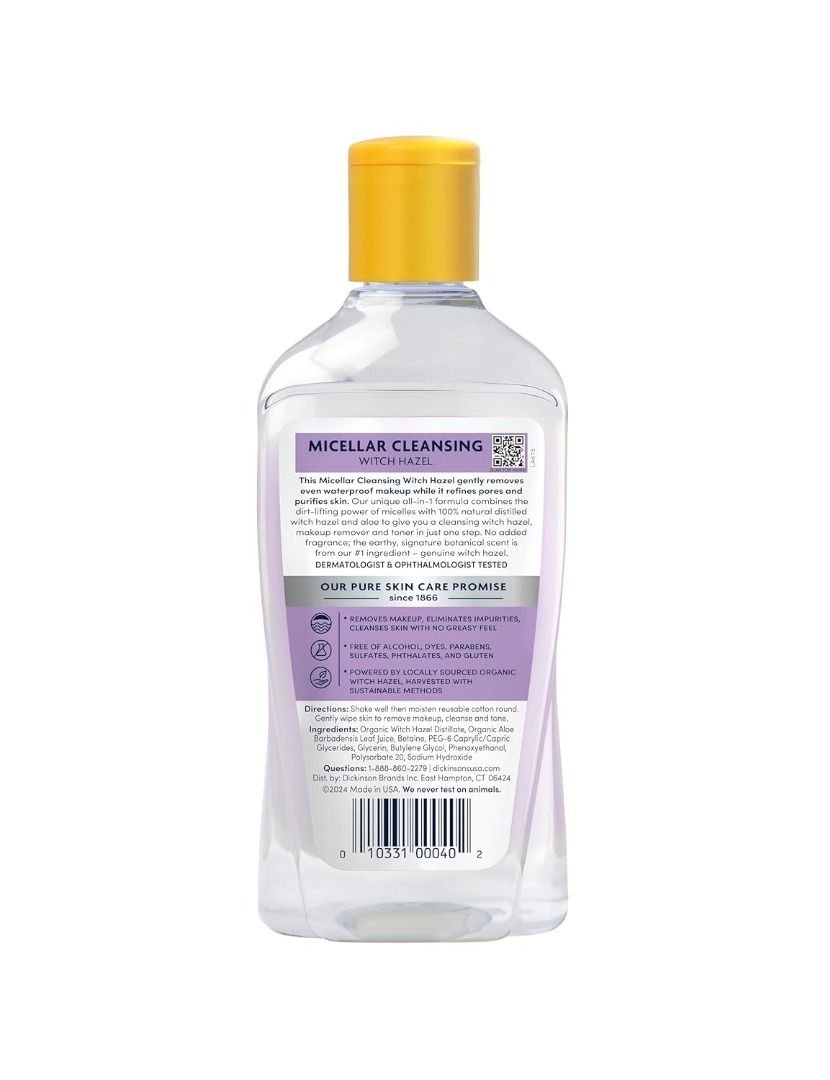 Dickinson's Micellar Cleansing Witch Hazel Makeup Remover 16oz (Category: Face Care) located in San Juan City. Submitted by princessshyph (Listing ID 1440782617, Image 3). Description: 🌿 Dickinson's Micellar Cleansing Witch Hazel Makeup Remover 16oz / 473ml A gentle all-in-one cleanser and makeup remover that combines micellar technology with witch hazel to help remove makeup, dirt, and excess oil while leaving skin feeling clean and refreshed. 
