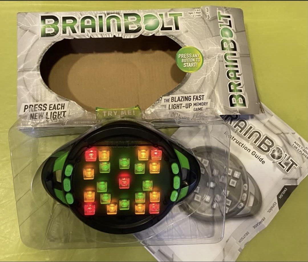Educational Insights BrainBolt Light-Up Memory Game Ages 7-107 (Category: Toys & Games) located in Singapore. Submitted by pt2021 (Listing ID 1440868426, Image 2). Description: - Press each button in sequence to win. - Solo play, head-to-head, timed mode or advanced mode. - Game features portable hand-held game system and 21 light-up tiles. - 3 AAA batteries not included. - buyer please self collect or top up for delivery..