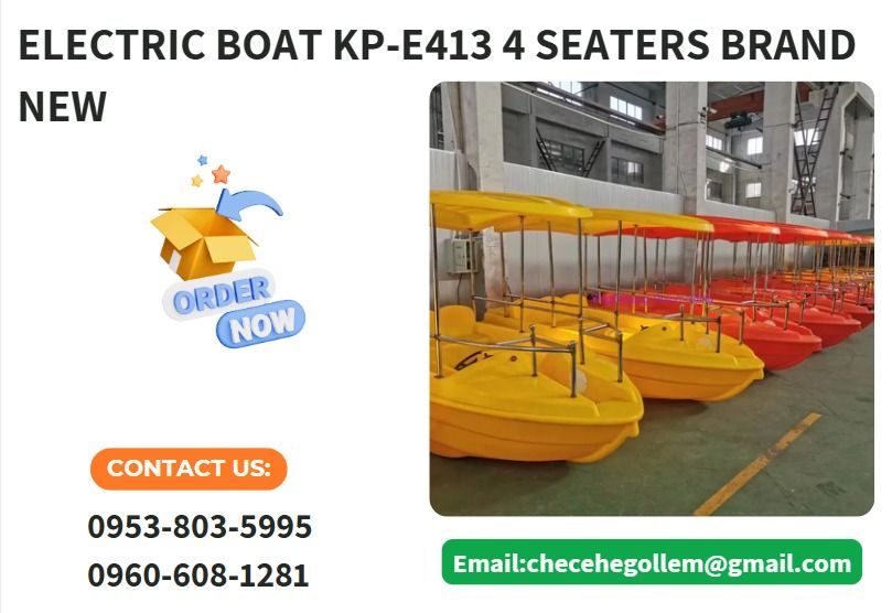 ELECTRIC BOAT KP-E413 4 SEATERS BRAND NEW (Category: Home Improvement Tools & Accessories) located in Caloocan City. Submitted by 09051674995 (Listing ID 1440772846, Image 1). Description: ●Material: PE +stainless steel ●Size:375*155*85cm ●Battery：12V,100~200Ah*2 ●Power :24V 500W ●Speed：8-12km/h ●Seater：4 person ●Working time：6-8h ●Charging time: 8 hours ●Weight: 200KG ✅ Proof of Legitimacy ✅ High Quality Products ✅ 100% Trusted Seller 𝗪𝗘 𝗔𝗥�