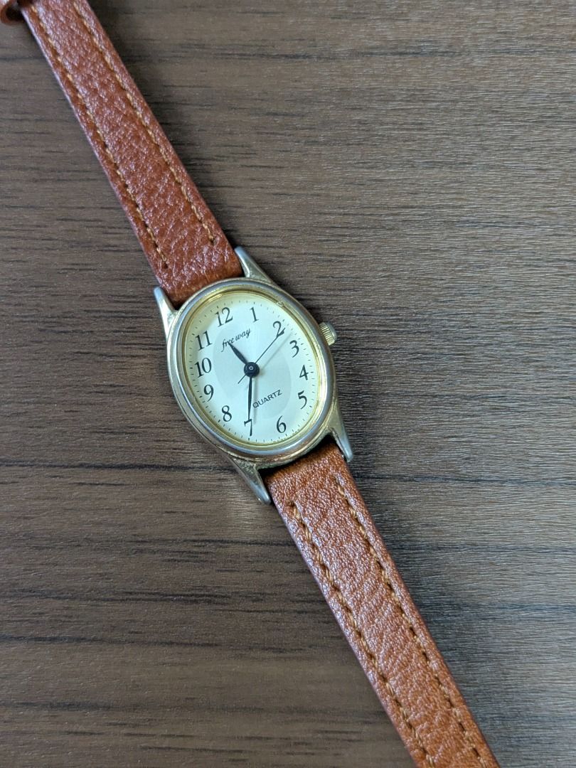 Freeway Japan Vintage Leather Watch (Category: Women's Watches) located in Quezon City. Submitted by nnncorner (Listing ID 1440793001, Image 2). Description: FREEWAY JPN Brown Leather Strap Watch Japan Movement Fits 15-18 cm wrist 1 peso coin size Replaced with new strap (France Leather ) No scratches on glass face It comes with velvet box 8.8/10 overall good condition 1,350.