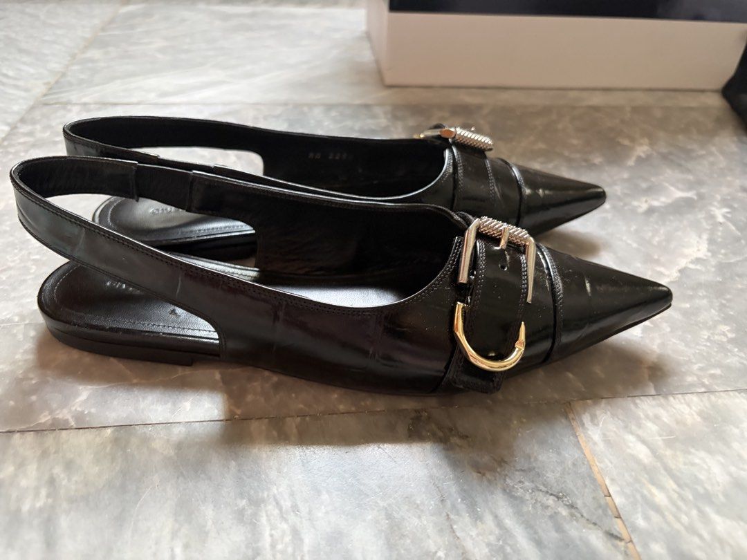 Givenchy Black Leather Slingback Pointed Toe Buckle Flats (Category: Sneakers & Footwear) located in Paranaque City. Submitted by _lexus (Listing ID 1440860142, Image 3). Description: - Brand: Givenchy - Type: Slingback Flats - Material: Black Leather - Features: Pointed toe, two toned buckle detail - Includes: Original box, dust bags - Style: Chic and versatile, very comfy - Worn once .