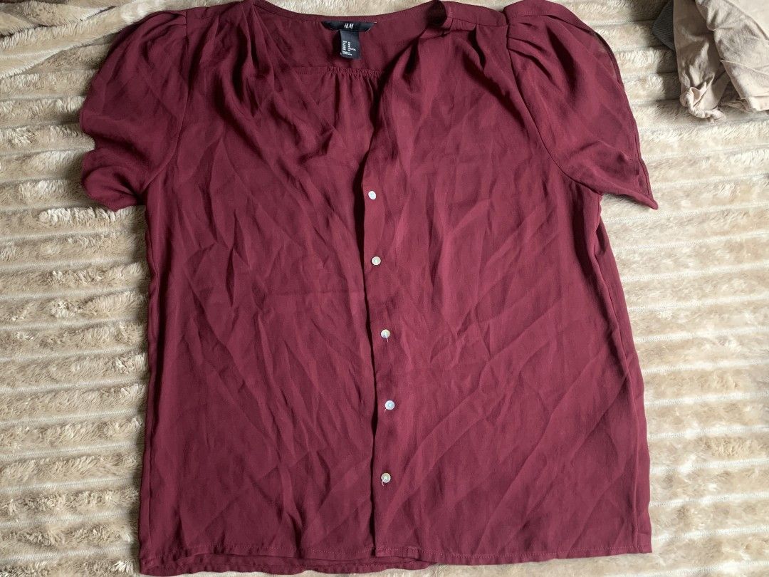 H&M Burgundy Puff Sleeve Button Up Blouse (Category: Blouses) located in San Jose del Monte. Submitted by pransiin_ (Listing ID 1440844438, Image 1). Description: ‼️DECLUTTERING / UNUSED & PRELOVED CLOTHES FOR SALE ‼️ HELLOO! I'm selling some of my personal preloved clothes!💖 RFS * di na nagamit or once lang nagamit * They no longer fit me 📝NOTE: * some are used but not abused * some clothes were thrift finds and di ginamit kaya need labahan * 