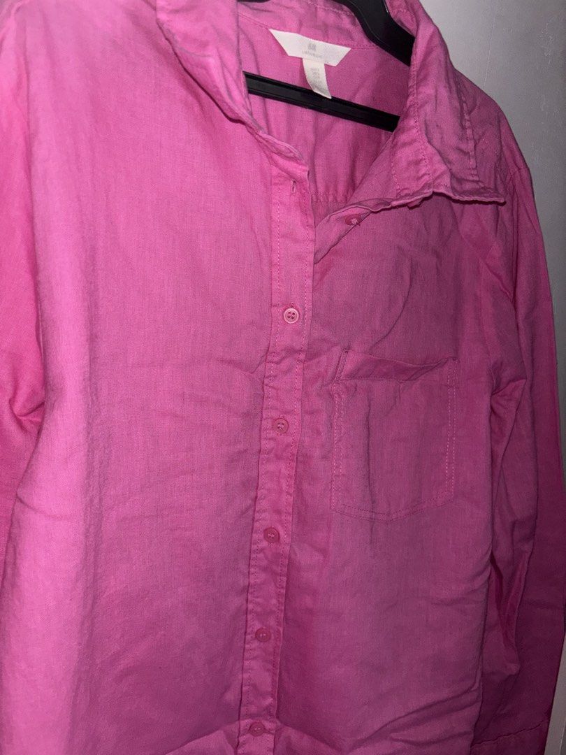 H&M Linen Blend Pink Button-Up Shirt (Category: Shirts) located in General Trias. Submitted by r_bimil (Listing ID 1440950533, Image 3). Description: - Pink linen blend shirt from H&M - Long sleeves with button cuffs - Single chest pocket - Relaxed fit, ideal for casual wear - Versatile for dressing up or down - Button-up front.