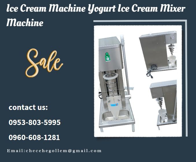 Ice Cream Machine Yogurt Ice Cream Mixer Machine (Category: Everything Else Others) located in Caloocan City. Submitted by gracemonle62168 (Listing ID 1440835929, Image 1). Description: ●Model: ZXBQL-178T ●Voltage: 220V,60hz,single phase ●Power: 0.75kw ●Body size: 320*560*745mm ●Product weight: 50kg ●Package size: 610*370*780mm ●Packing weight: 61kg Hopper capacity is 980ml Makes an ice cream in about 2 minutes ●Machinery function : Fruit mixed i